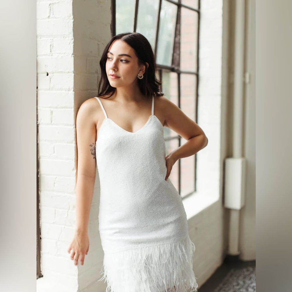 White Sequin Mini Dress with Feathers